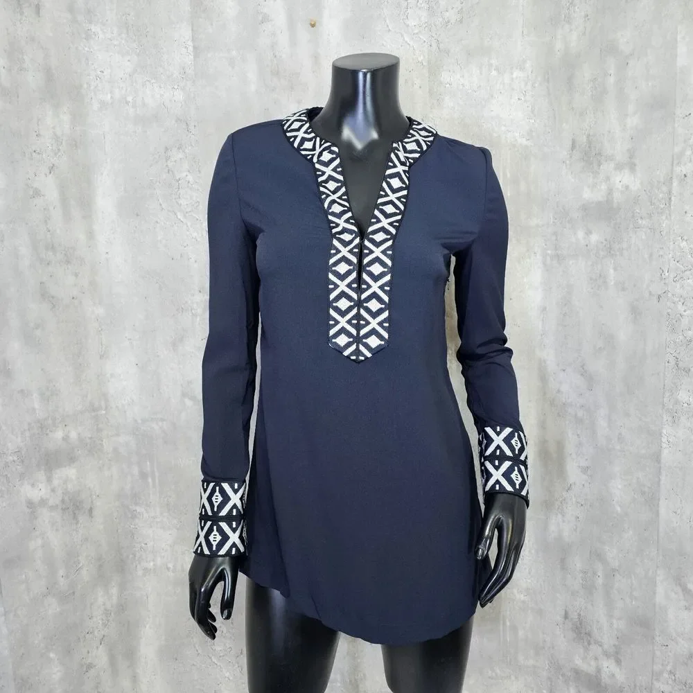 Tory Burch 2 Navy Blue Ariana Embroidered Knit Trim V Neck Long Sleeve Tunic Top
